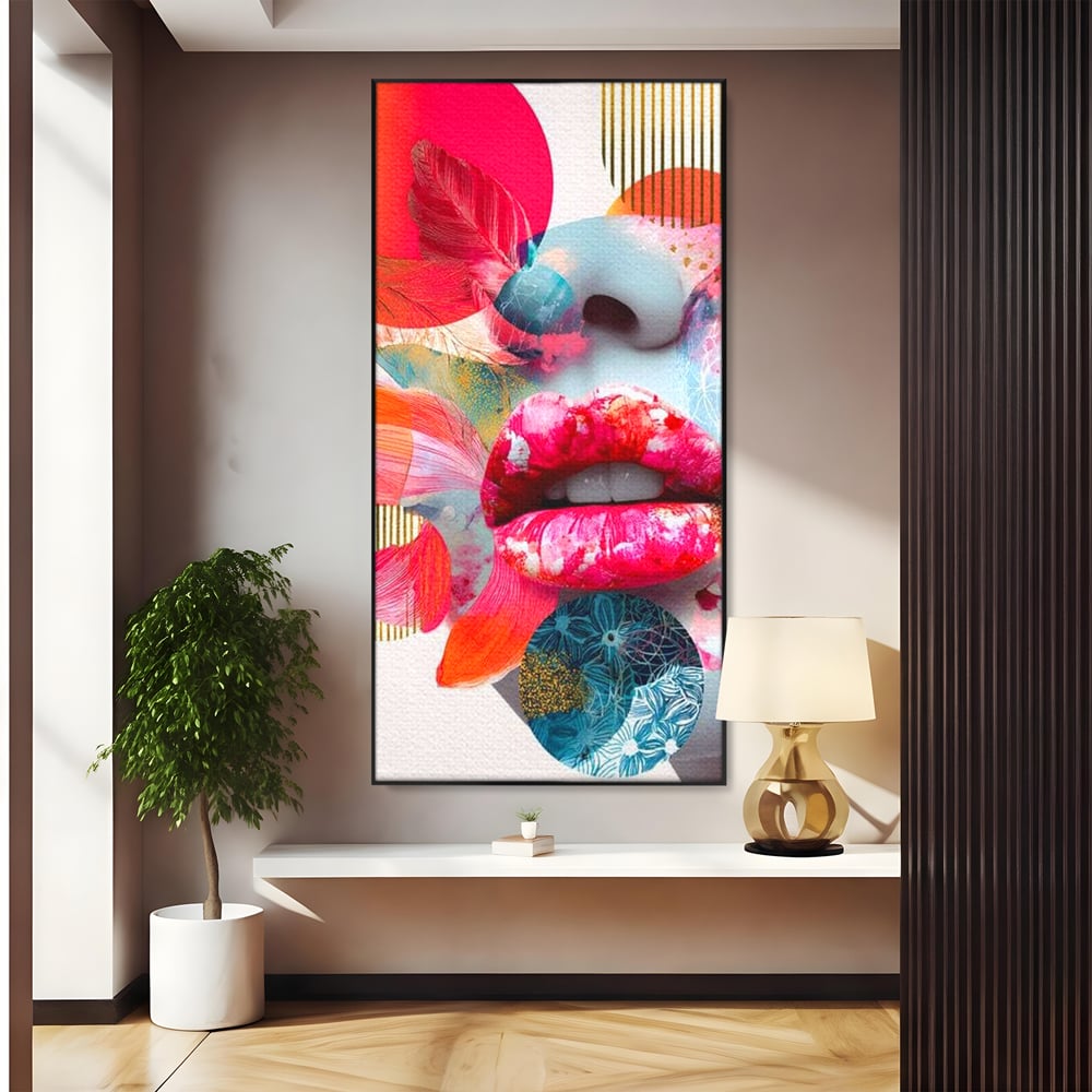 Tablou canvas cu tablou canvas cu buze roz si nas albastru, in rama de aluminiu negru